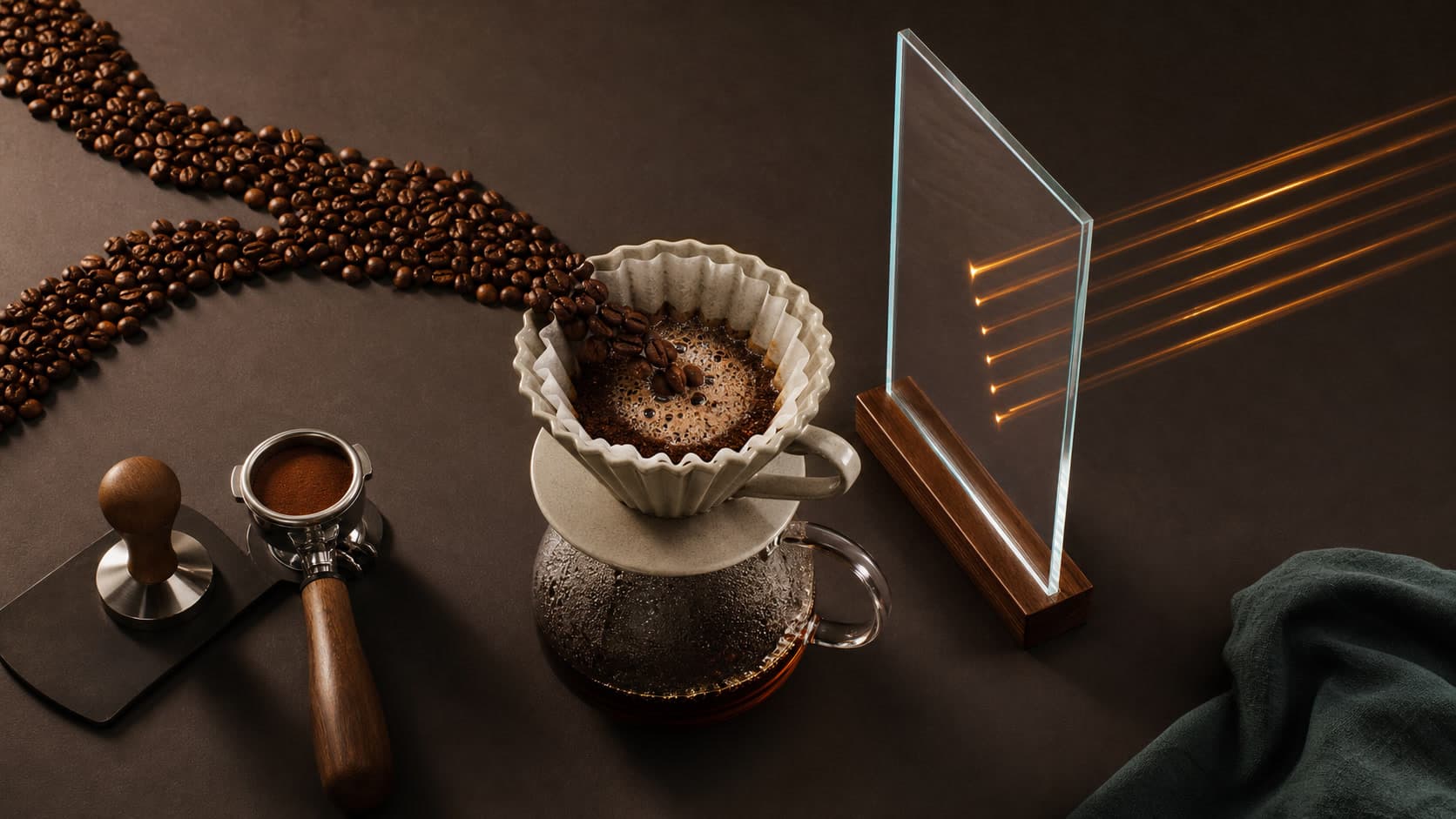 Two streams of coffee beans join a ceramic pour-over dripper while amber light beams stop at a clear freestanding shield beside the brewer.