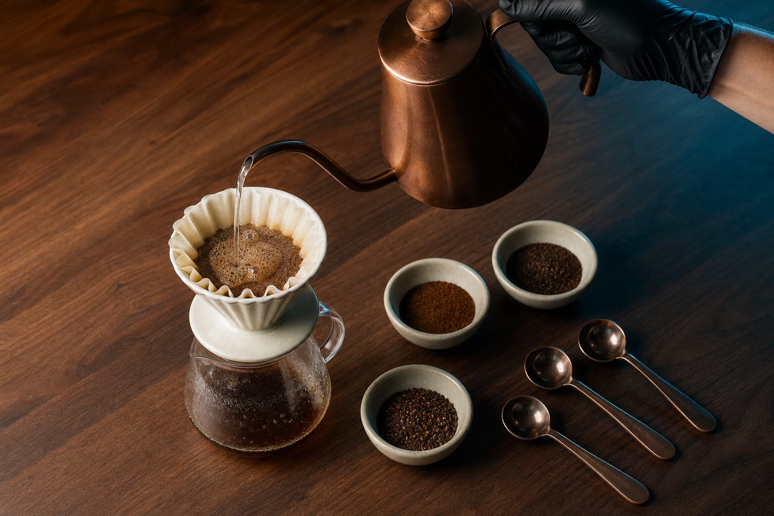 A gloved hand pours water from a copper kettle into a paper filter above a glass carafe beside three bowls of coffee and three cupping spoons.