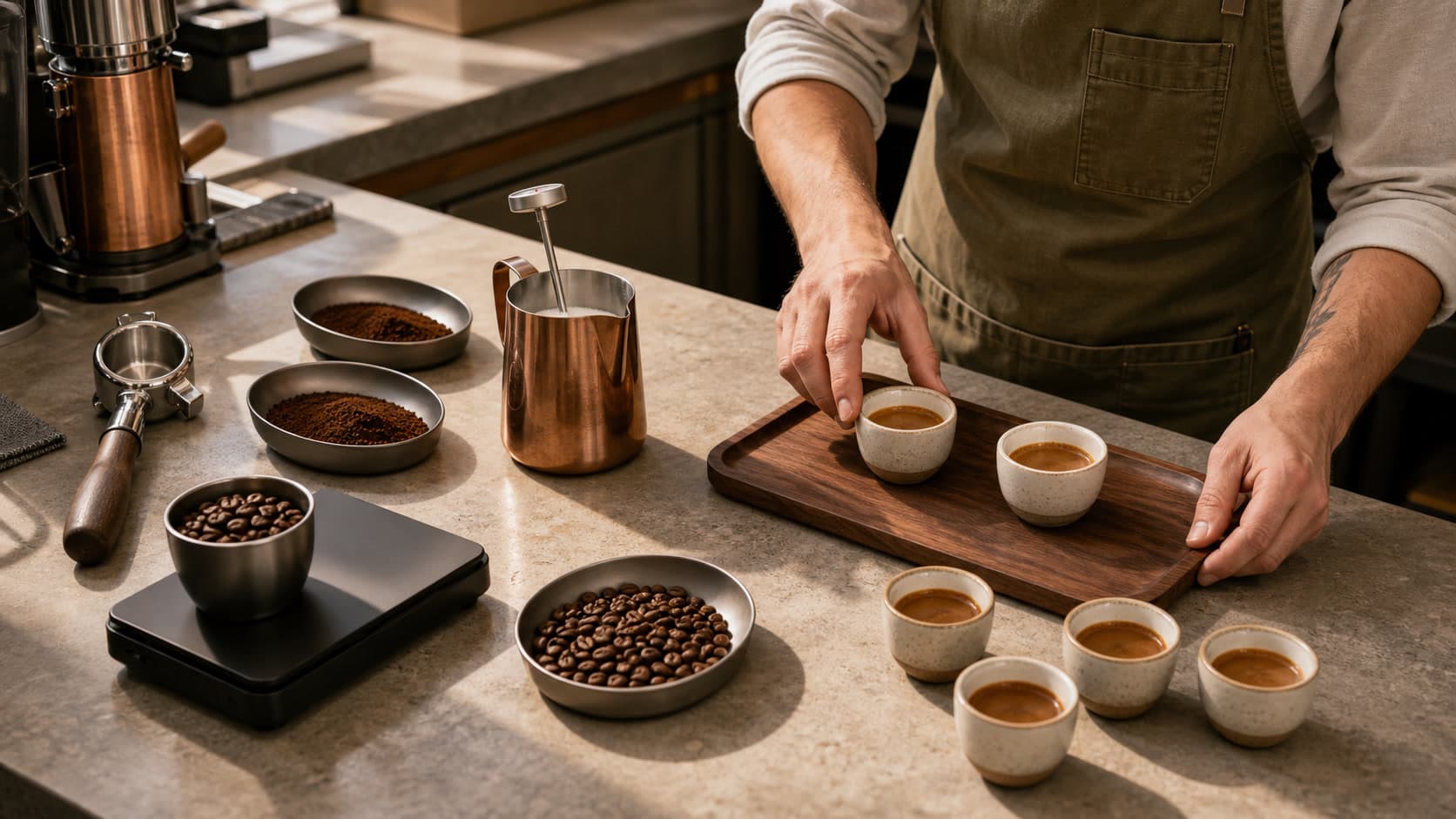 A barista moves two espresso cups onto a walnut tray while four cups remain off the tray beside a scale with beans, grounds trays, a portafilter, and a copper pitcher with a thermometer.