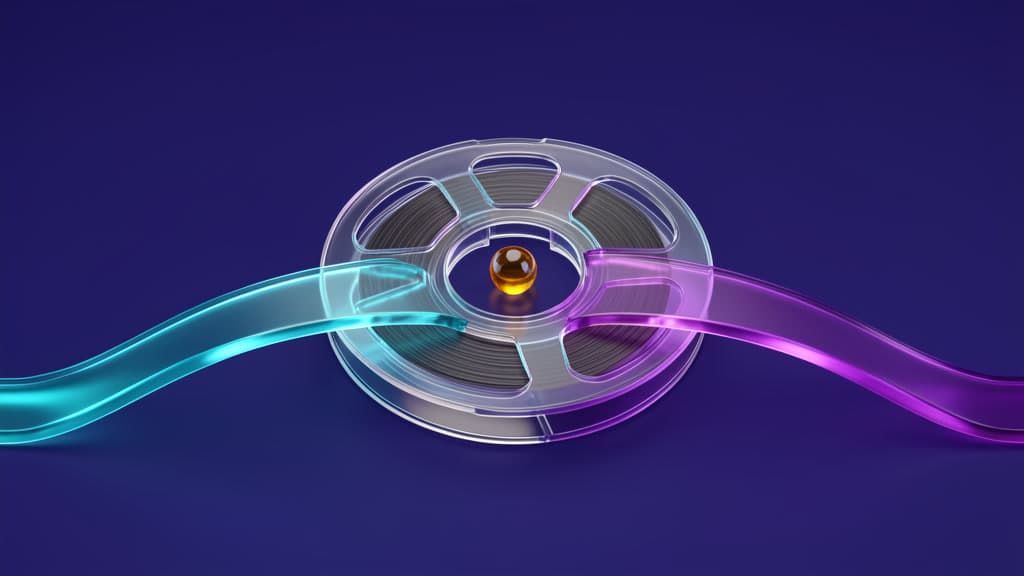 A clear glass film reel is centered between one translucent cyan ribbon and one translucent violet ribbon, with an amber glass sphere in the reel's center, on a deep indigo background.