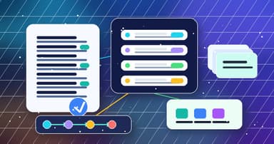 Abstract AI approval policy workflow with a document, connected checklist cards, and status blocks.