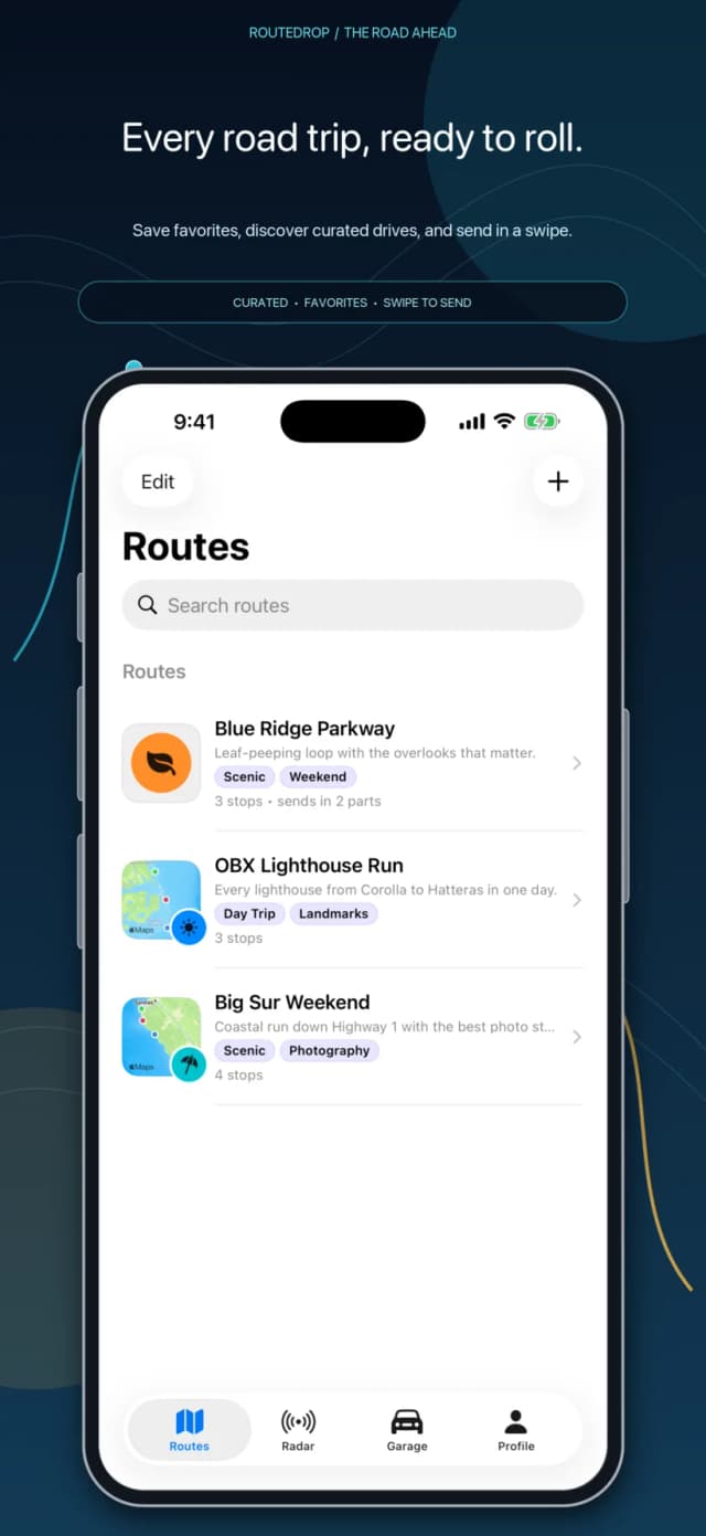 RouteDrop EV route library on iPhone with saved Blue Ridge Parkway, OBX Lighthouse Run, and Big Sur Weekend routes, each tagged and showing its stop count